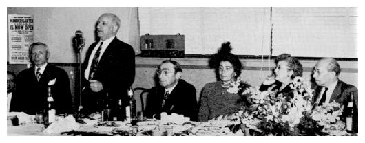 brz225.jpg -   From right to left: Lajbus Lerer, Mrs. Lerer, Mrs. Millie Berg, Jacob-David Berg; Isaac Hemlin, leader of the Histadrut Campaign, who is speaking, Joseph Diamond, and Fishel Maliniak