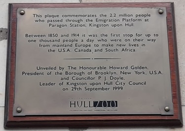 Hull Station Plaque to Immigrants