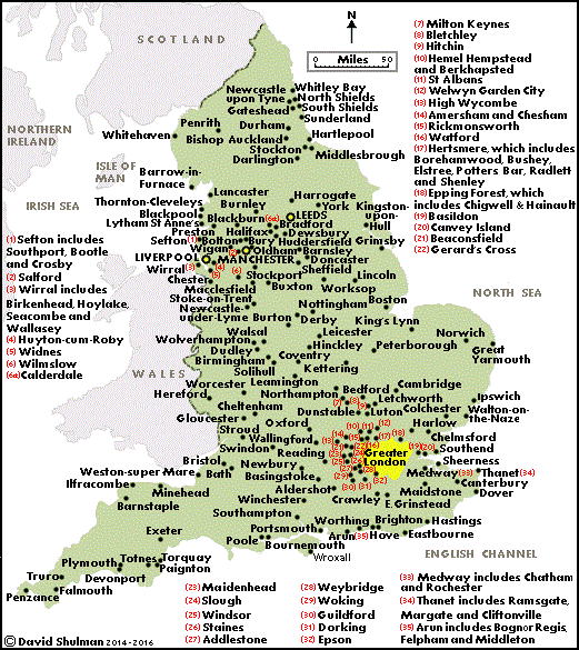 Map of England with Towns Cities and Villages