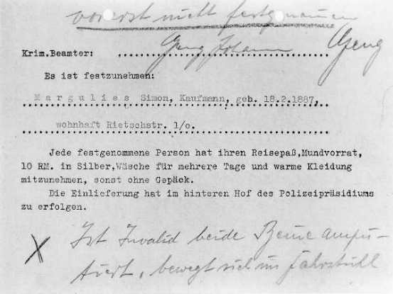 Warrant of arrest against Simon Margulies of October 28, 1938
