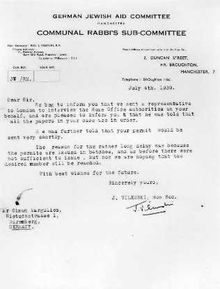 Letter of the German Jewish Aid Committee in Manchester to Simon Margulies dated July 4, 1939 