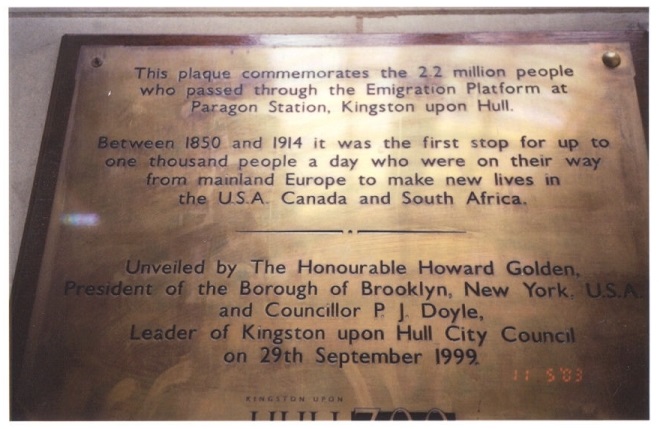 Hull Station Plaque to Immigrants