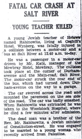 1931 newspaper article about Moshe (Morris) Rabinowitz's accident