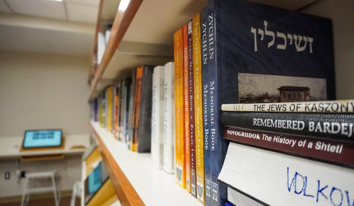 Memorial books and Yizkor volumes on the shelves