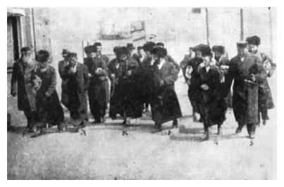 Sos309b.jpg [20 KB] - Modrzejów Chassidim leaving the Bet Midrash on Sabbath 5698 [1938]