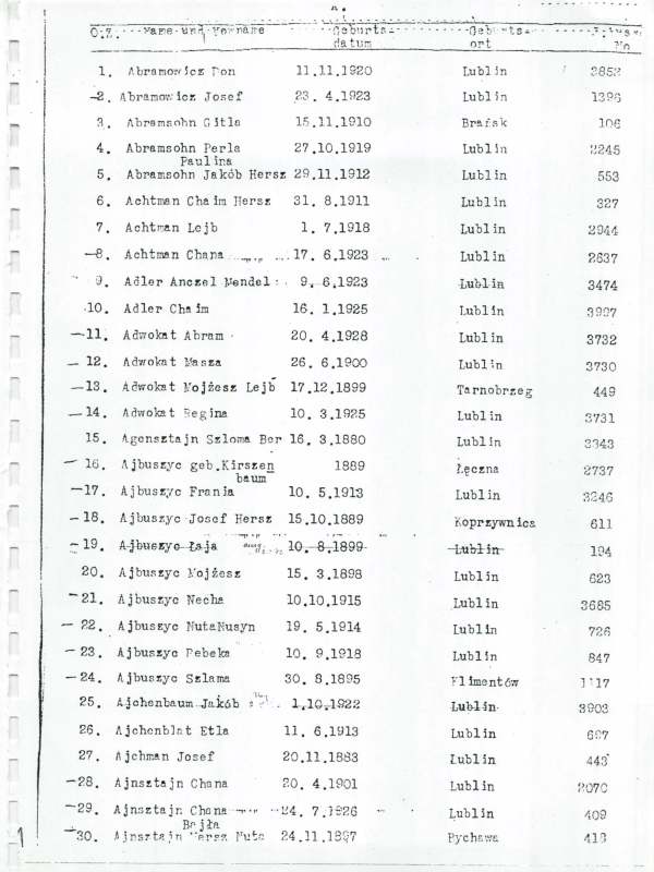 Lublin Ghetto Listing--Typewritten Listing Page 1