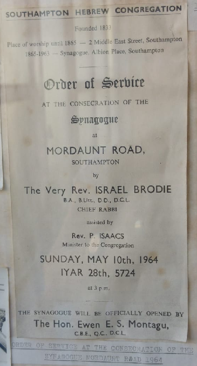 Southampton Synagogue order of service 1964