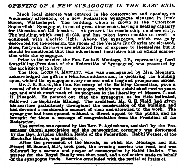 Czortkow Sephardish Synagogue, London, Press Report