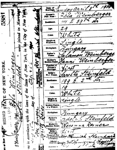 Marriage Certificate - Sarlota Steinfeld and Bela Weinberger