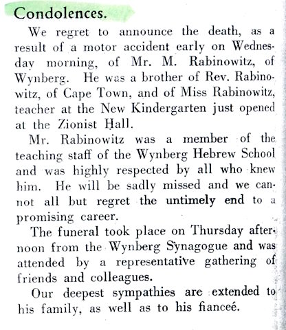 Condolence Notice from the SA Jewish Chronicle, April 1931