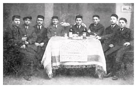 A farewell party of Tzirei Agudat Yisroel. Shmuel Leventhal (fourth from right) leaves for the Land of Israel