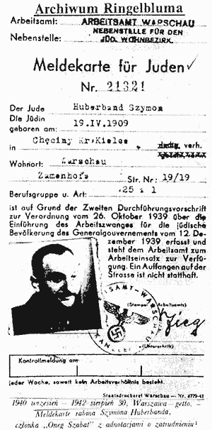 ID card of Rabbi Shimon Huberband in the Warsaw Ghetto