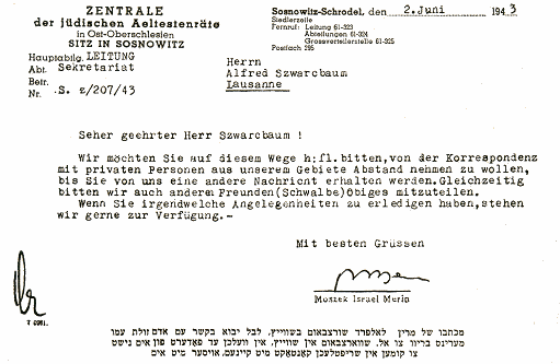 [28 KB] Merin's letter to Alfred Szwarcbaum in Switzerland (Pinkas Bendin, page 346)