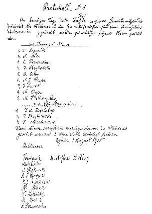 zgi159.gif Protocol 1, in German from the Ledger of Protocols of the Jewish Community, August 1, 1915 [10 KB]